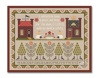 Wzór haftu krzyżykowego „Dom w stylu antycznym”, Psalm 4:9, wzór vintage (wzór PDF)
