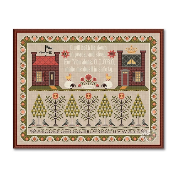 Antique Style House Cross Stitch Sampler, Psalm 4:9 Vintage Pattern  (PDF Pattern)