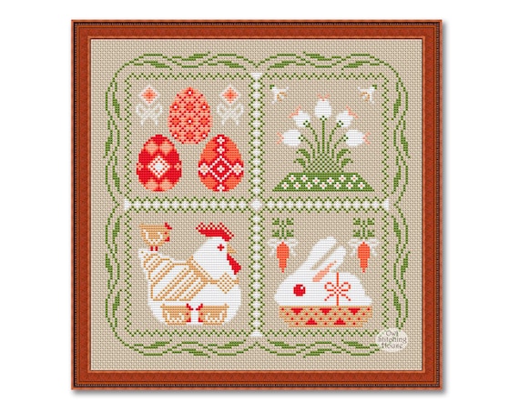 Easter Cross Stitch Pattern: Rabbit, Chicken, Eggs (PDF Pattern)