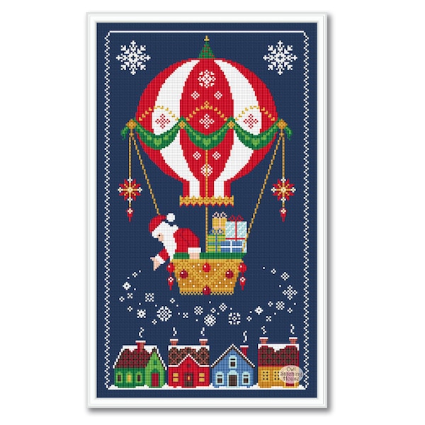 Merry Christmas cross stitch, Santa's Hot air Balloon, Christmas Balloon sampler, Santa pattern PDF