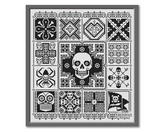 Skull Sampler Cross Stitch Pattern, Halloween Day of the Dead (PDF Pattern)