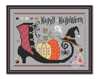 Cross stitch pattern Happy Halloween Primitive Pattern, Modern Folk Embroidery Happy Halloween