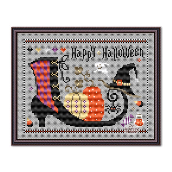 Cross stitch pattern Happy Halloween Primitive Pattern, Modern Folk Embroidery Happy Halloween