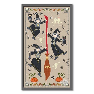 Halloween Witches on a Broom Cross Stitch Pattern: Modern Folk Embroidery (PDF Pattern)