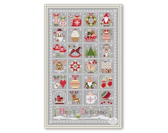 May include: A gray and white cross-stitch pattern with a Christmas theme. The pattern features 24 squares, each with a different Christmas icon, such as a snowman, a gingerbread man, a reindeer, and a Christmas tree. The pattern is surrounded by a gray border and the words "Merry Christmas" are written in red and white at the bottom.