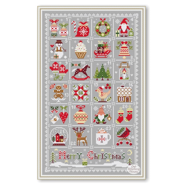 May include: A gray and white cross-stitch pattern with a Christmas theme. The pattern features 24 squares, each with a different Christmas icon, such as a snowman, a gingerbread man, a reindeer, and a Christmas tree. The pattern is surrounded by a gray border and the words "Merry Christmas" are written in red and white at the bottom.