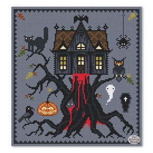 May include: A cross-stitch pattern featuring a spooky house on a tree with a dripping red liquid, a pumpkin, a ghost, a black cat, an owl, and a spider. The pattern is on a gray background with a black border and the text "Owl Stitching House" in the bottom right corner.