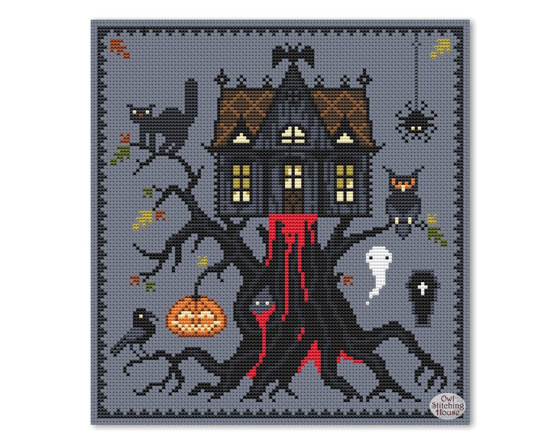 May include: A cross-stitch pattern featuring a spooky house on a tree with a dripping red liquid, a pumpkin, a ghost, a black cat, an owl, and a spider. The pattern is on a gray background with a black border and the text "Owl Stitching House" in the bottom right corner.