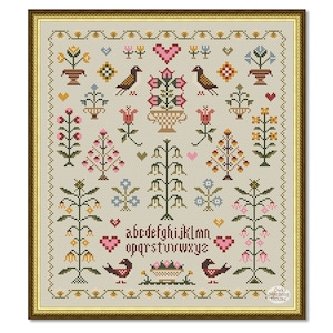 Cross stitch pattern PDF, Sampler Flowers and Birds, Primitive Sampler