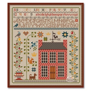 Cross stitch Sampler Old House, Vintage Sampler, Primitive old sampler style, Pattern Alphabet