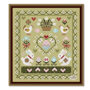 Easter Rabbit Cross Stitch Pattern: Primitive Floral Sampler (PDF Pattern)