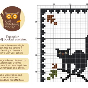 May include: Black and white cross stitch pattern of a black cat sitting on a branch with a brown and green leaf. The pattern is on a grid with numbers along the sides. The text "The color Pdf booklet contains:" is below the grid. The text below that reads: "A color scheme on a single sheet. Use this scheme if you're using a phone or a tablet to view your pattern."