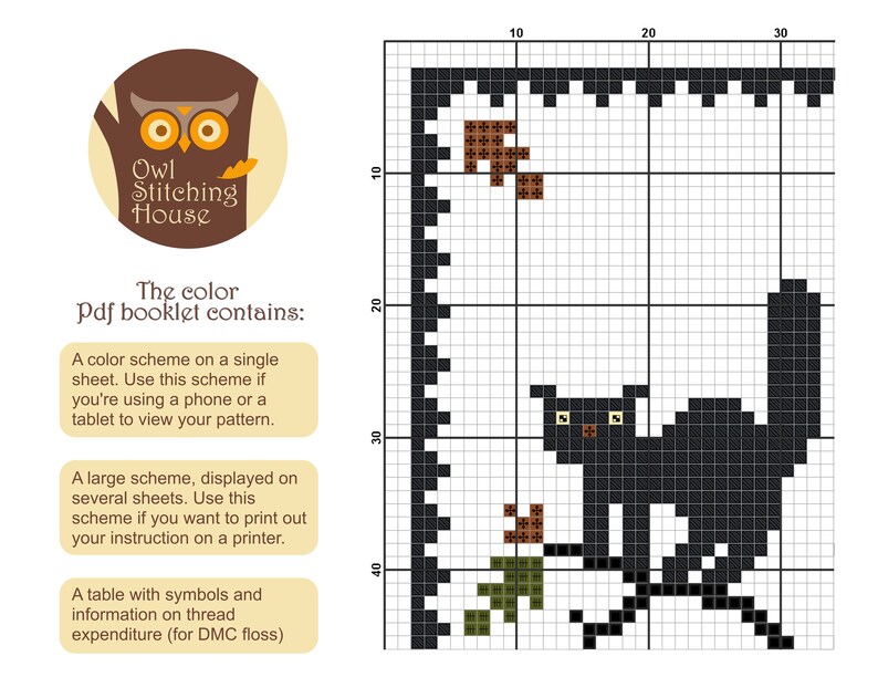 May include: Black and white cross stitch pattern of a black cat sitting on a branch with a brown and green leaf. The pattern is on a grid with numbers along the sides. The text "The color Pdf booklet contains:" is below the grid. The text below that reads: "A color scheme on a single sheet. Use this scheme if you're using a phone or a tablet to view your pattern."