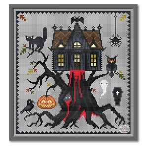 May include: A cross-stitch pattern featuring a spooky house with a dripping red roof, perched atop a gnarled tree. The scene includes a black cat, a ghost, a pumpkin, and a crow. The pattern is framed in a gray frame and includes the text "Owl Stitching House".