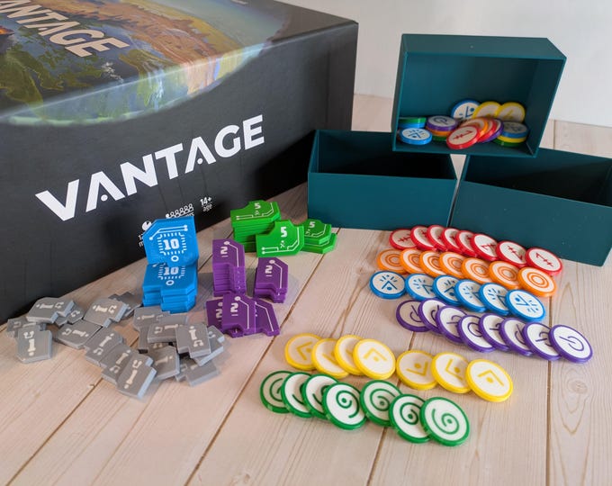 Vantage Board Game Upgrade ※ Skill Tokens, Coins and Forest Green organizers #ditchthecardboard