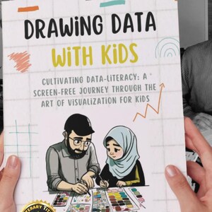 May include: A black and white photograph of a man signing copies of his book, "Drawing Data with Kids: Cultivating Data-Literacy: A Screen-Free Journey Through the Art of Visualization for Kids." The book cover features a cartoon illustration of two children drawing data. The book has won a Literary Titan Book Award.