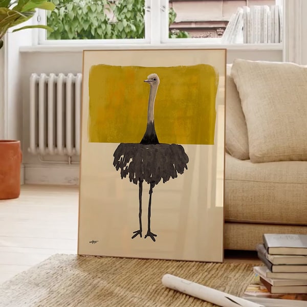 Contemporary Ostrich Portrait in Realistic and Abstract Art Styles with Mustard Color Background, Statement Art Print or Gallery Wall Art