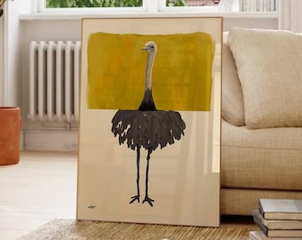 Contemporary Ostrich Portrait in Realistic and Abstract Art Styles with Mustard Color Background, Statement Art Print or Gallery Wall Art