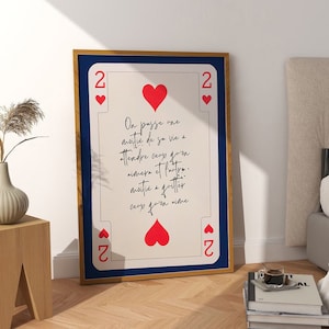 Dos de corazones naipes con cita manuscrita en francés para amantes, impresión de poema con guión a mano para arte de pared ecléctico francés chic