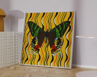 Beautiful Green Butterfly Illustration on Busy Yellow Background - Large Unique Square Maximalist Statement Art, Bold Lounge/Bedroom Print