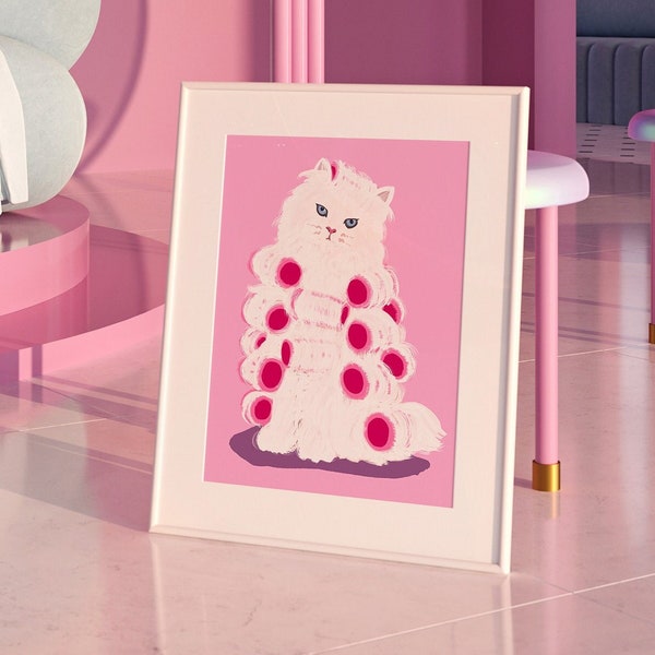 Fluffy Diva Cat in Pink Hair Rollers : Kitsch Glamour Puss Illustration Print, Fun and Quirky Aesthetic Decor