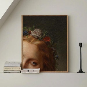Detail of Woman wearing Flower Crown - Dark Aesthetic Decor, Baroque Wall Art, Renaissance Vintage Victorian Era Painting for Gallery Wall
