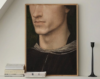 Detalj av stilig mans ansikte – Konsttryck från prerafaelitisk renässans, stämningsfull vintageväggdekoration för galleri eller arbetsrum