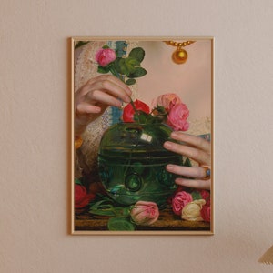 Victorian Woman with Pink Roses and Vase- Aesthetic Decor, Baroque Wall Art, Renaissance Vintage Victorian Era Painting for Galley Wall