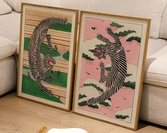 Set of 2 Vintage Japanese Tiger Illustration Prints by Taguchi Tomoki on Traditional Japanese Landscapes - Unique Maximalist Decor Wall Art