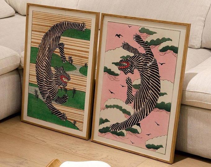 Set of 2 Vintage Japanese Tiger Illustration Prints by Taguchi Tomoki ...