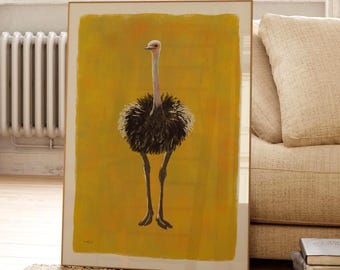 Contemporary Ostrich Portrait with Mustard Color Background - Mid-Century Modern Bird Artwork, Framed Statement Print or Gallery Wall Art,