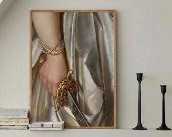 Donna in abito di raso, con braccialetto di perle che tiene la spada - Dipinto d'arte neoclassica, rinascimentale vintage di epoca vittoriana per la parete della galleria