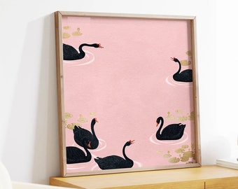 Graceful Black Birds on Pink Lake, Elegant Swans and Tranquil Nature Wall Decor, Unique Gift for Bird Lovers