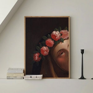 Detail of Woman wearing Flower Crown - Dark Aesthetic Decor, Baroque Wall Art, Renaissance Vintage Victorian Era Painting for Gallery Wall