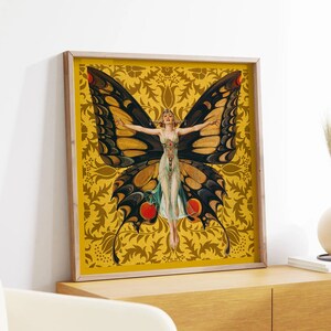May include: A vintage illustration of a woman with butterfly wings against a yellow floral background. The woman is wearing a white dress and has her arms outstretched. The butterfly wings are black and yellow with red accents.