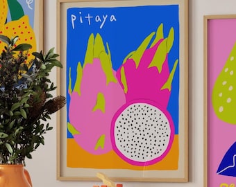 Pitaya Dragon Fruit Art Print, Bold Tropical Kitchen Poster, Bright Pink Blue Modern Food Illustration, Colorful Pop Produce Wall Decor
