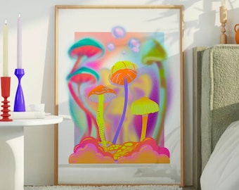 Mystische Fliegenpilze Trippy Regenbogen Neon Farbverlauf Pilz Illustration Druck, Groovy Psychedelischer Druck für Jugendzimmer oder Wohnheim