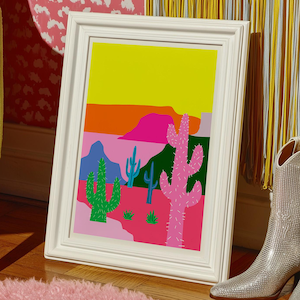 Colorful Cactus Wall Art Print - Bold Pop Art Desert Landscape with Neon Pink, Yellow, and Green, Fun Southwestern Decor for Maximalists
