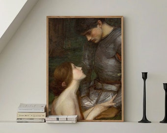 Può includere: Un dipinto incorniciato di un uomo e una donna in un ambiente boschivo. L'uomo indossa un'armatura e la donna lo guarda. Il dipinto è appeso a una parete bianca sopra un camino.