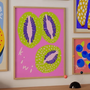 Lámina artística de kiwi, decoración vibrante para la pared de la cocina, póster verde y rosa, ilustración moderna de productos pop, obra de arte con temática gastronómica.