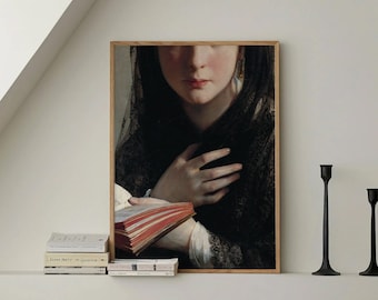 Veiled Victorian Woman in Black Lace with Book : Dark and Moody Aesthetic, Renaissance Wall Art, Perfect for Gallery Walls