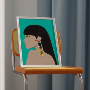 Pop Art Girl in Profile with Bold Eye Makeup and Giant Tropical Bird Earring - Bold Wall Art for Home Decor