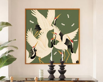 Vintage Style Japanese Crane Birds with Fireflies on Green Background, Maximalist Hollywood Regency Wall Art Print