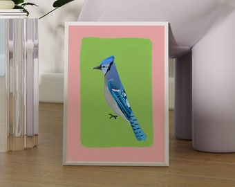 Hand Drawn Blue Jay on Colorful Pastel Background Minimalistic Statement Decor, Funky Bright Exotic Bird Art for Gallery Wall Mix and Match