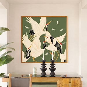 Japanese Crane Wall Art – Vintage Style Birds on Green with Fireflies, Maximalist Hollywood Regency Print