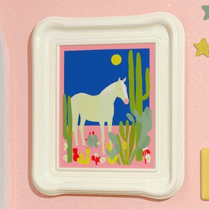 Desert Horse Wall Art Print, Pastel Pop Art Cactus Landscape with White Horse and Pink Sky, Western Boho Decor for Colorful Interiors