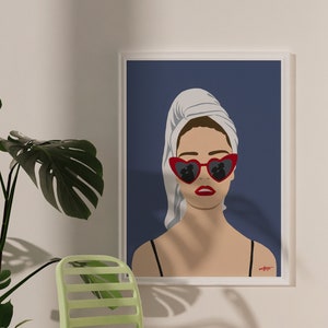Pop Art Print of a Heartbroken Girl Wearing Heart Shaped Glasses that Reflect the Silhouette of Two Lovers Kissing - Contemporary Noir Art