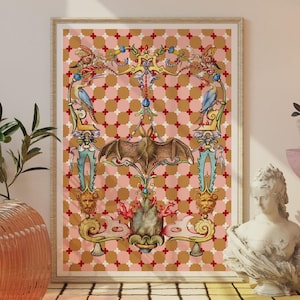 Medieval Creatures on Trippy Pattern Background : Quirky Modern Vintage Aesthetic, Pastel Wall Art Poster, Small to Large Sizes