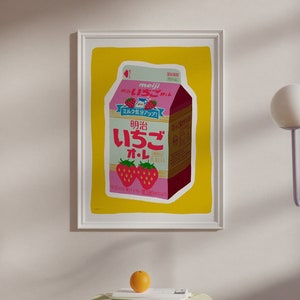 Kawaii Strawberry Milk Print – Japanese Pop Art Poster in Retro Style, Fun Kitchen or Dining Room Wall Decor