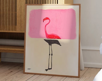Contemporary Flamingo Portrait in Realistic and Abstract Art Styles with Pink Color Background, Statement Art Print or Gallery Wall Art